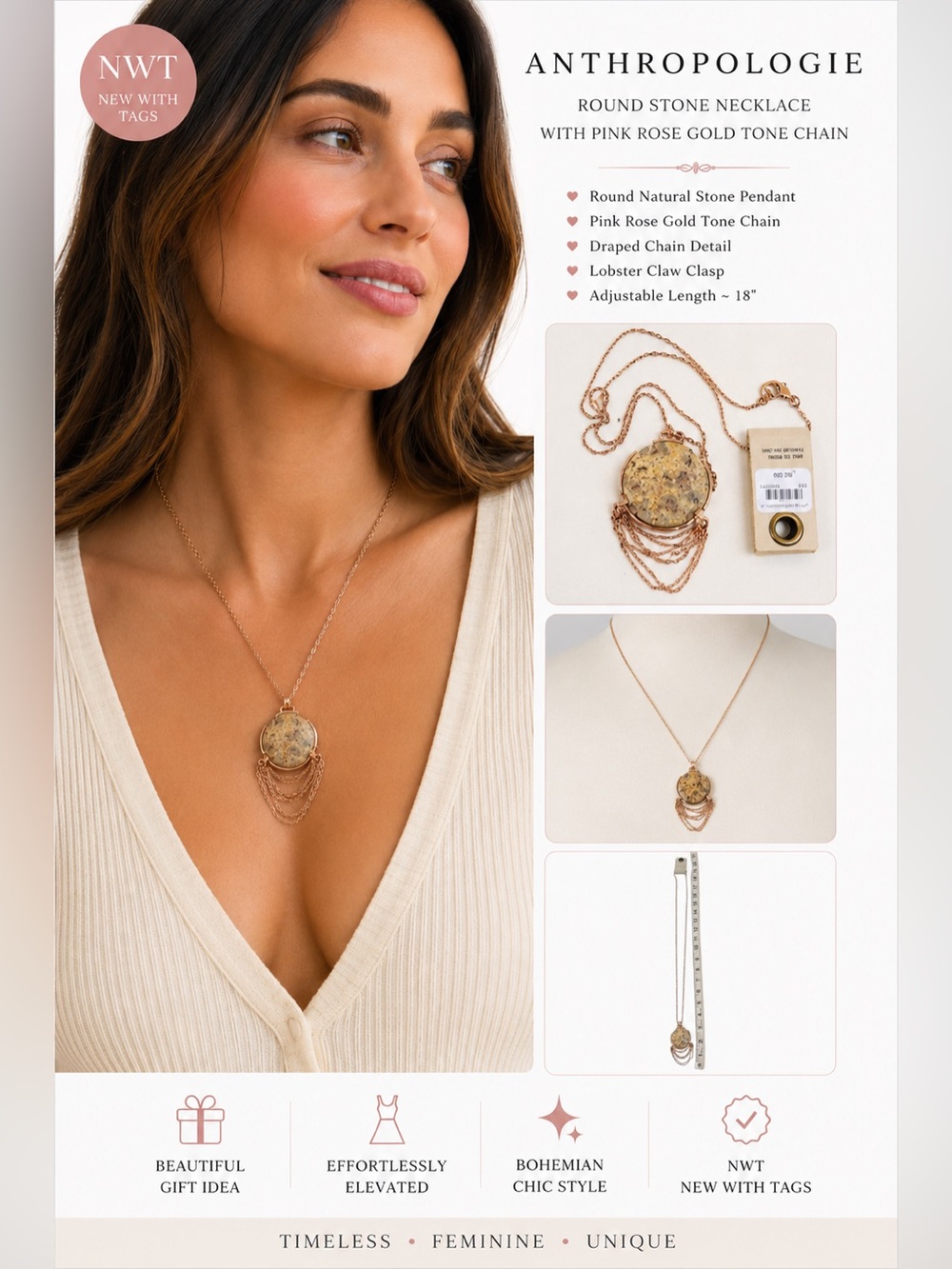 Anthropologie NWT Rose Gold Tone with Stone Draped Chain Necklace 18”